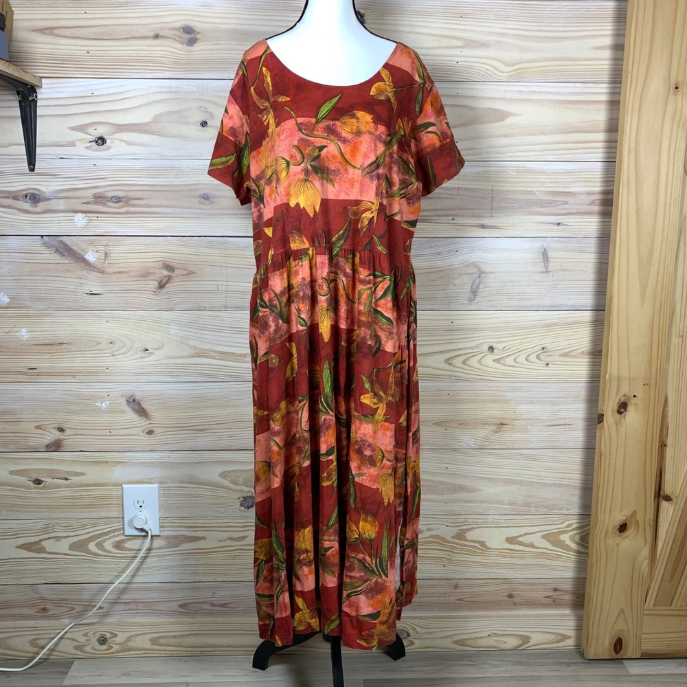 Styleworks Maxi Dress Womens‎ 20W Orange Floral Tropical Botanical